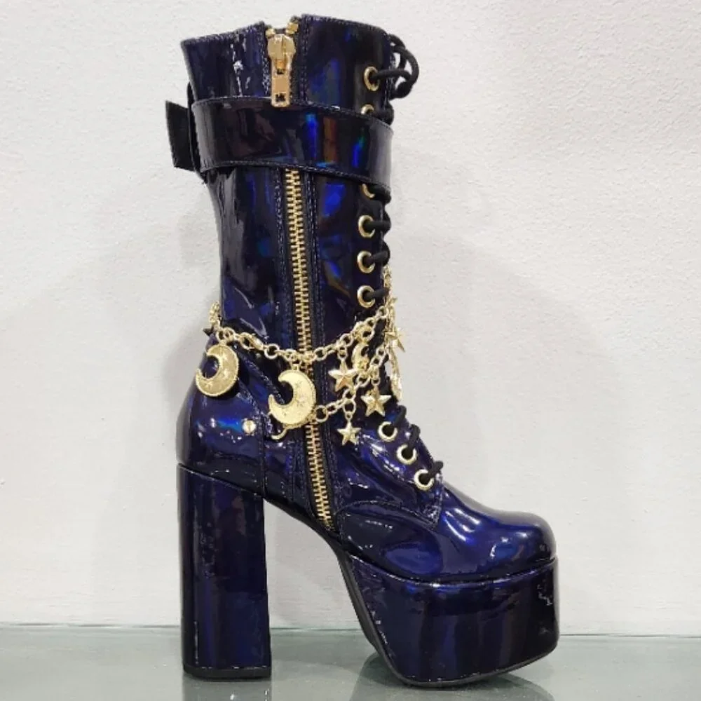 🦋🔥💋HOT ITEM! 💋🦋🔥Holographic Midnight Blue Moon & Star Chain Leather Boots